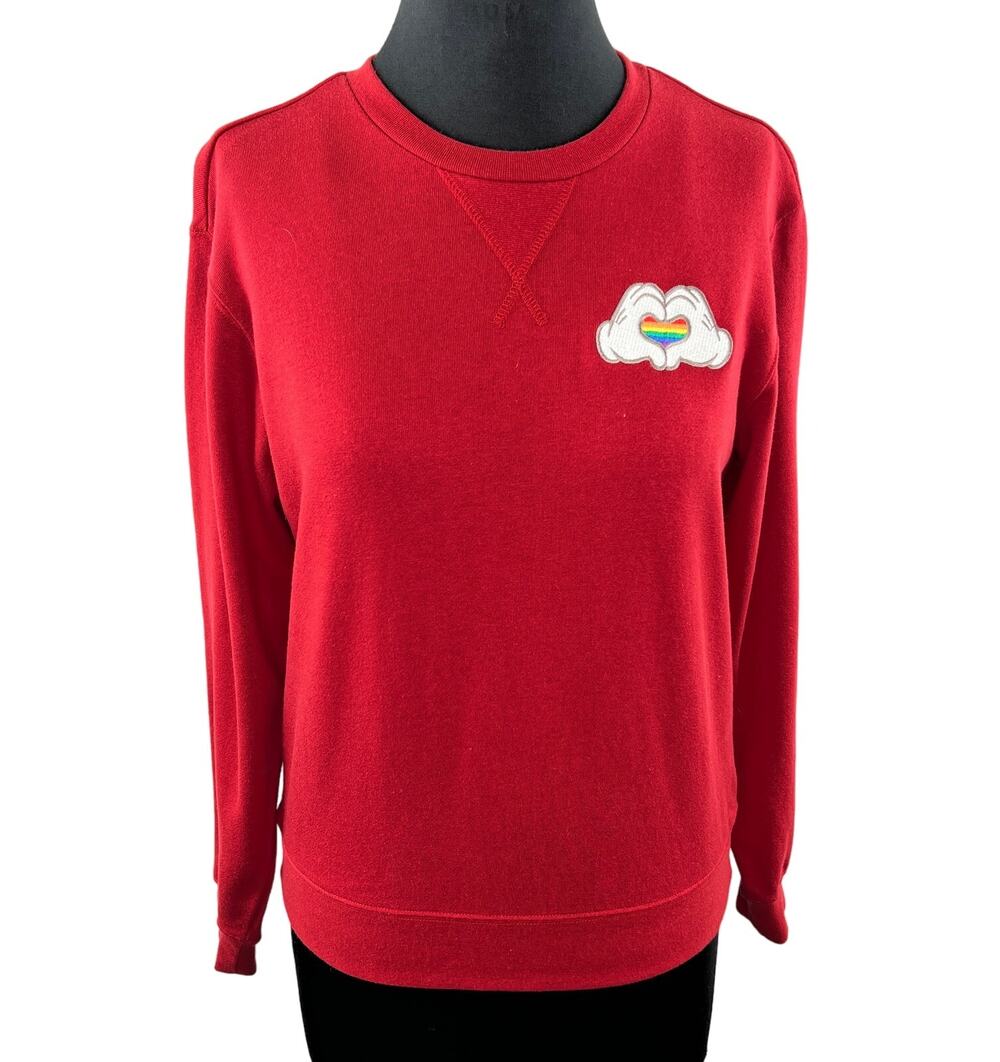 The Disney Store Red Fleece Pride Rainbow Mickey Mouse Heart Hands Sweater M